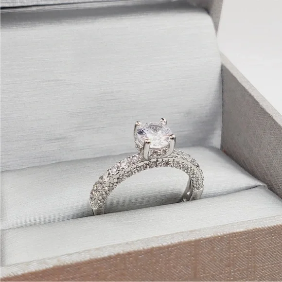 Round Cut Diamond Simulants Silver Tone Pave Engagement Ring